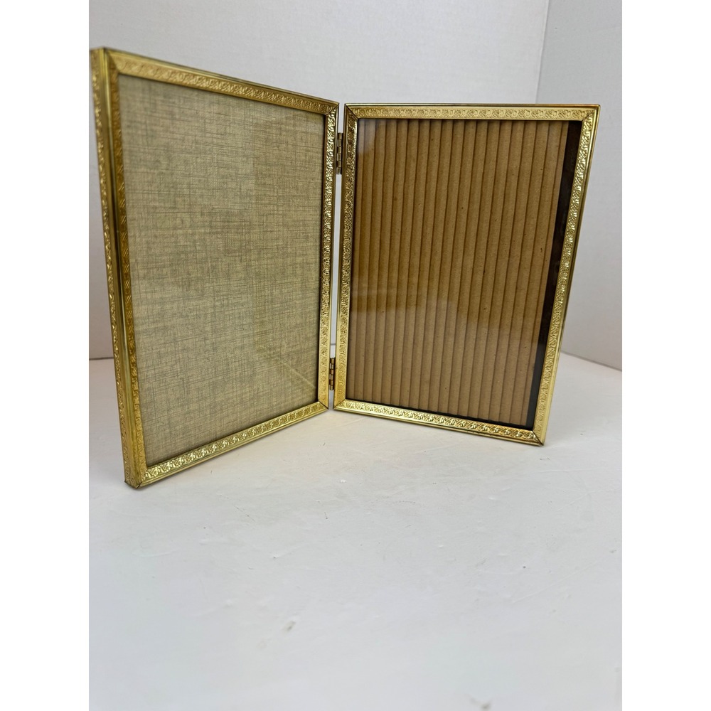 VTG Gold Metal Folding Double Picture Frame 5x7 Embossed Floral Hinged Bi-Fold